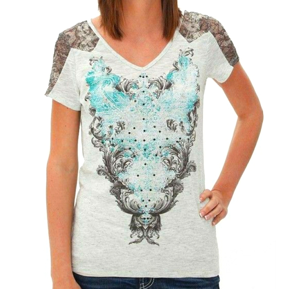💎 Buckle Angels & Diamonds Teal Black Lace Top Blouse BKE Buckle